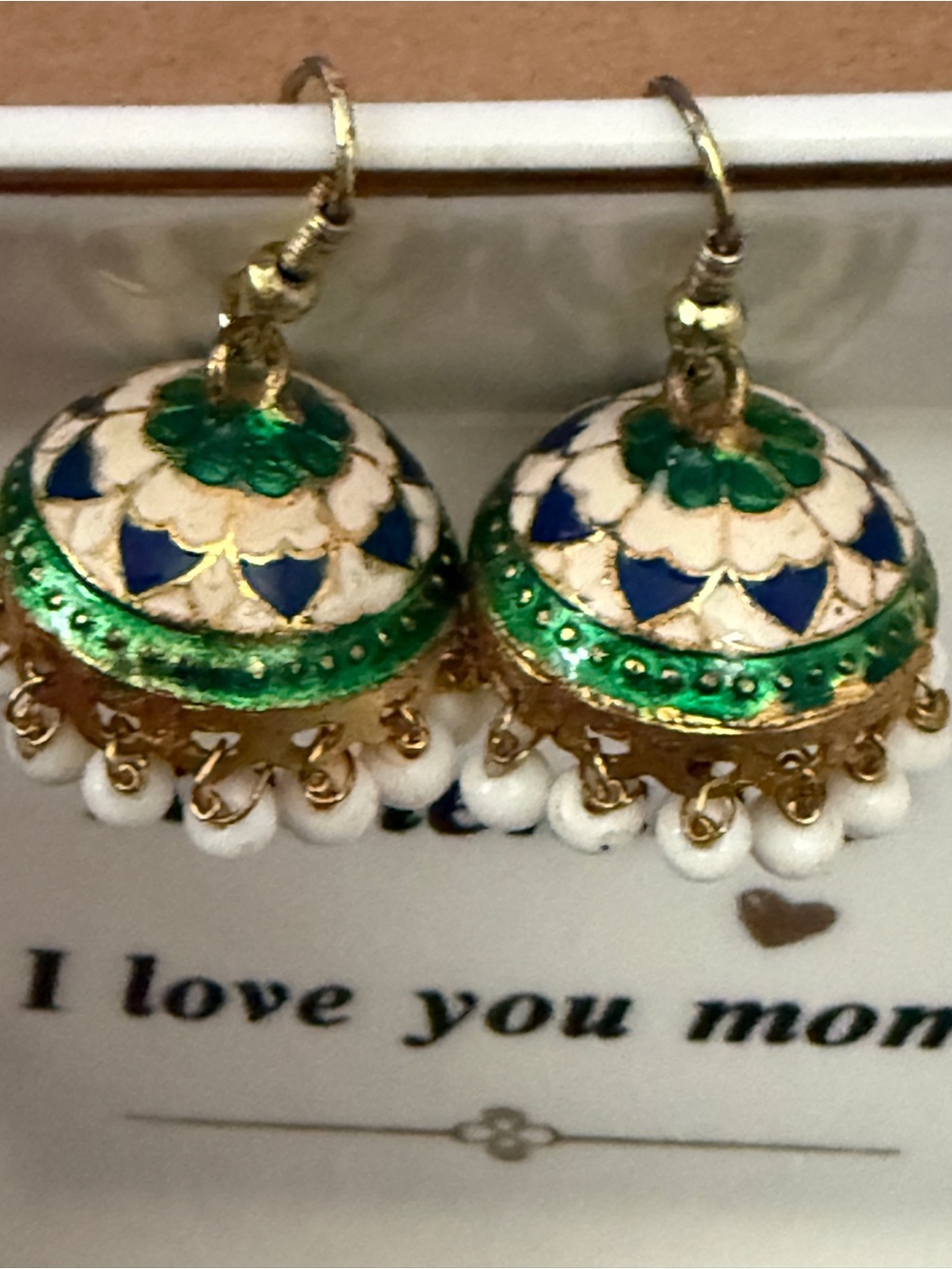 Handcrafted Green and White Enamel Jhumka Earrings